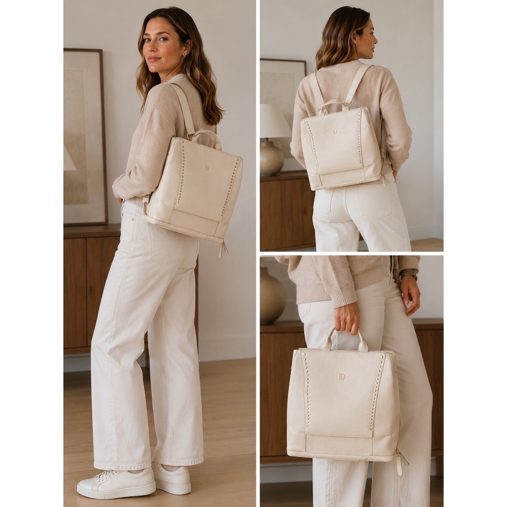 Cole Haan Grand Series Leather Convertible Backpack Double Handle White Gold